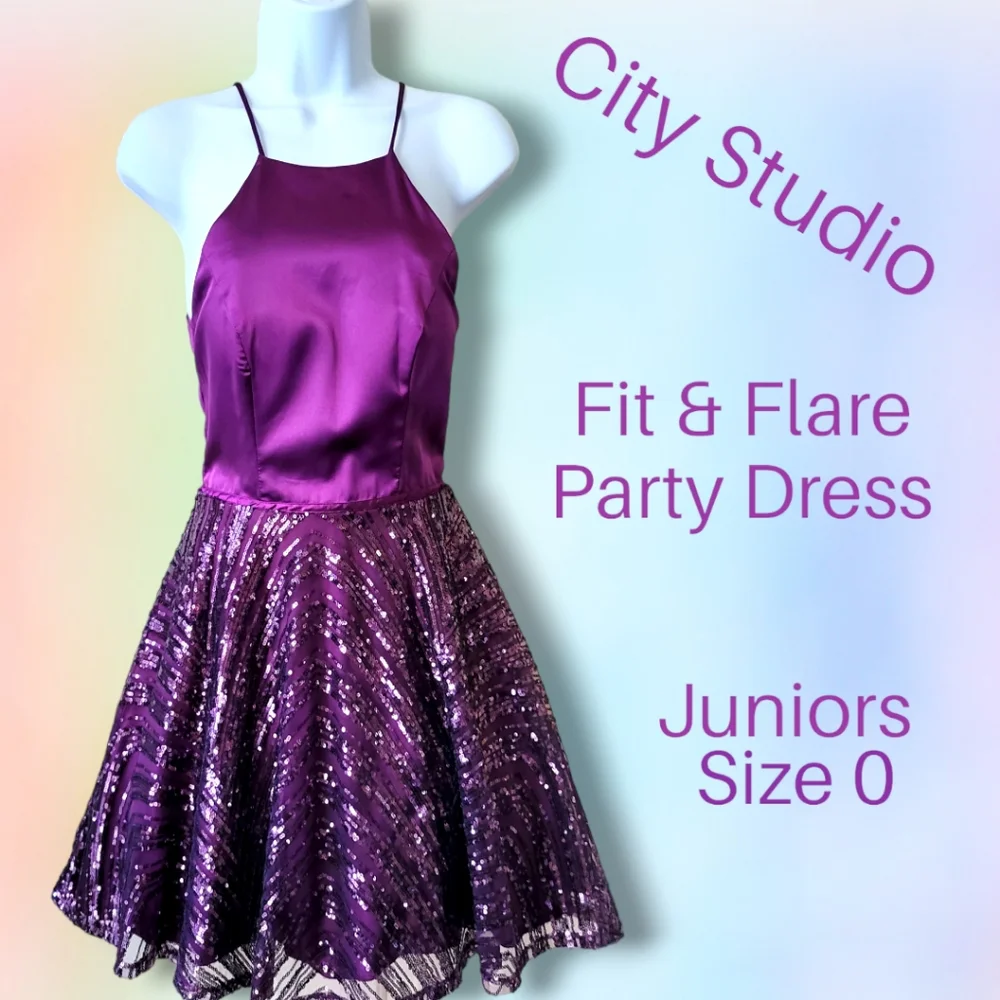 City Studio Fit & Flare Dress Size 0 Juniors Sequined City Studios Winter Dance - Picture 1 of 11
